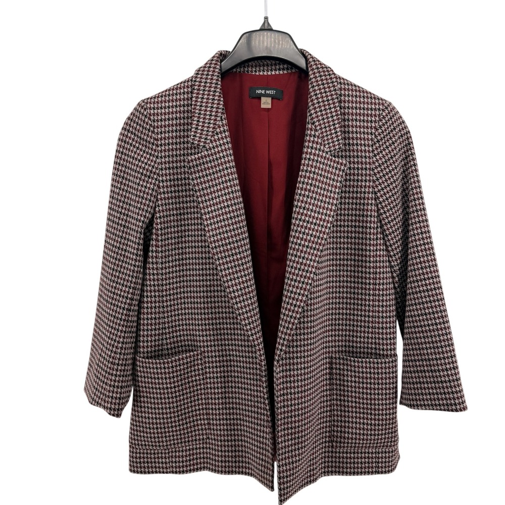 Nine West Blazer Womens Small Pre-Owned Blazer Burgundy Houndstooth Open Front